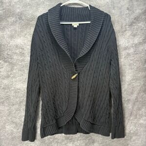 LL Bean Shawl Collar Cable Knit Cardigan Sweater Womens Size M Black Cotton